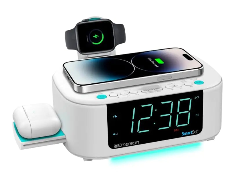 Emerson Smartset Wireless Charging Alarm Clock & Bluetooth Speaker – 15W Fast Charge + AirPods Port