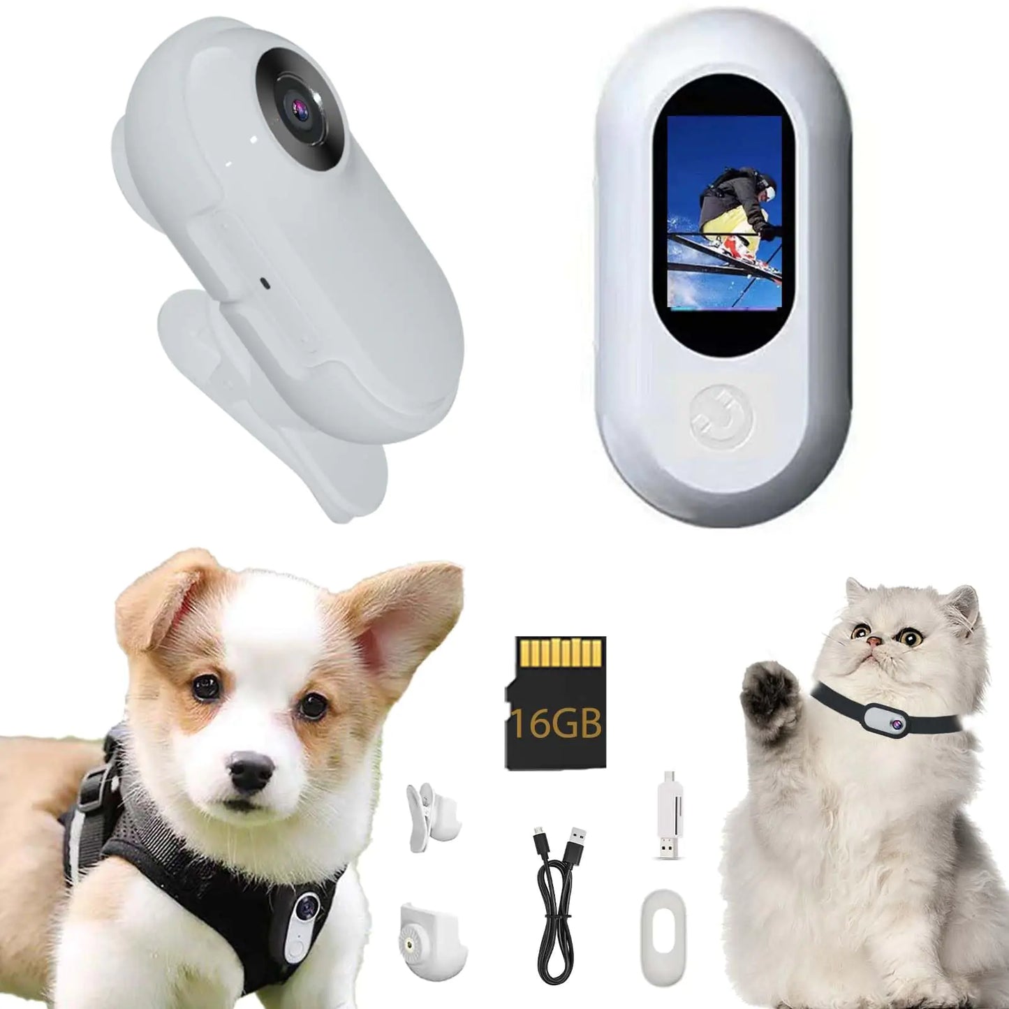 Zmacook 1080P HD Pet Collar Camera with 16GB – Wireless Cat & Dog Action Cam, Video & Photo Recorder (White)