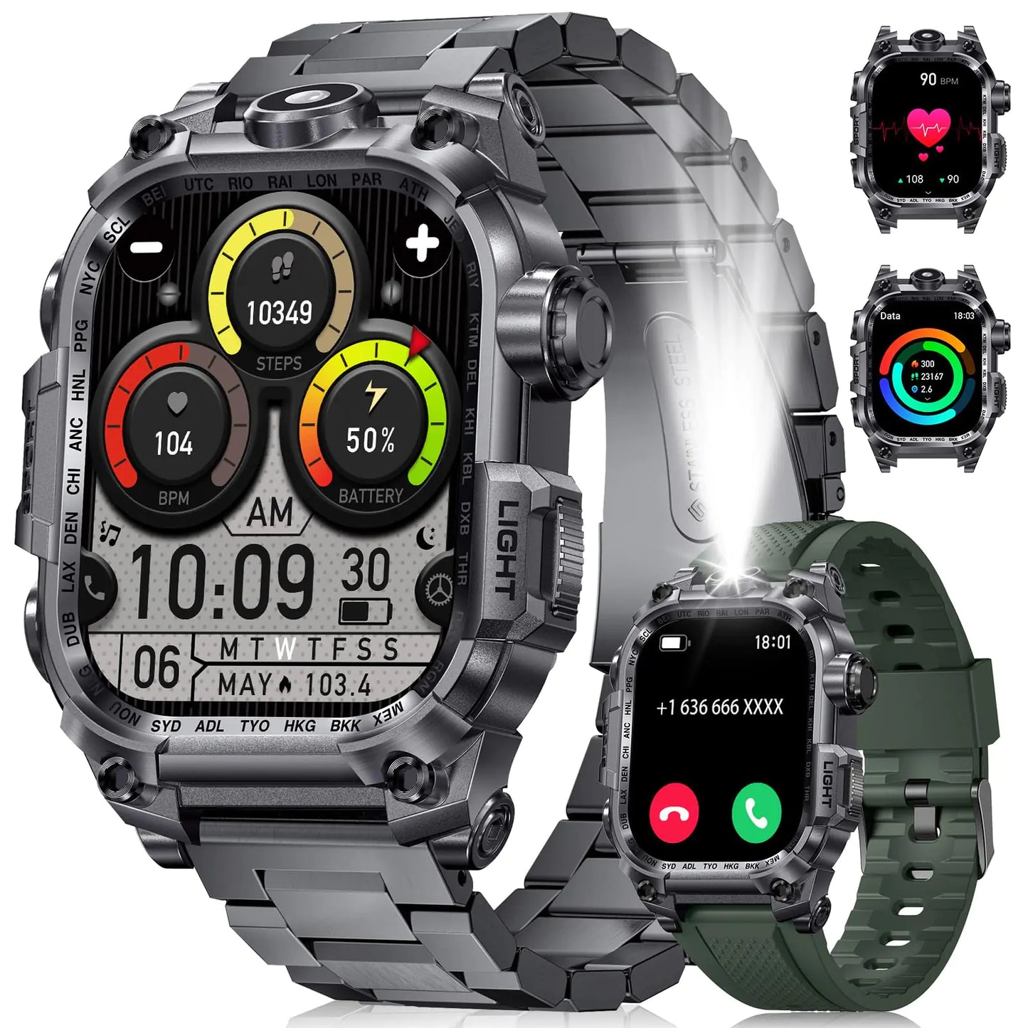 LIGE Military Smart Watch for Men(LED Flashlight)